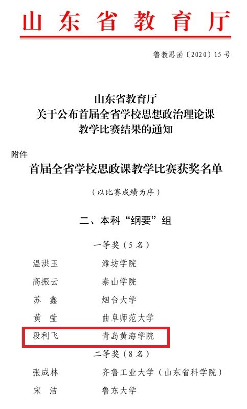 冰球官网段利飞老师荣获山东省首届学校思政课教学比赛本科高校（《中国近现代史纲要》组）一等奖